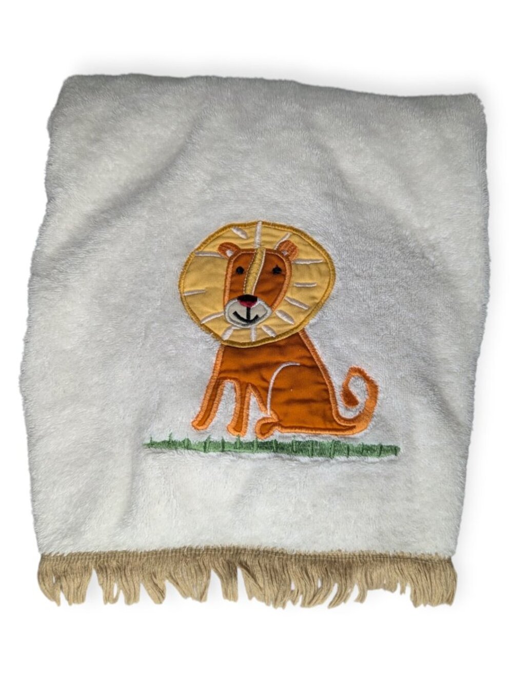 Embroidered Applique Lion Baby Bath Standard Size Towel Orange Lion Tan Fringe